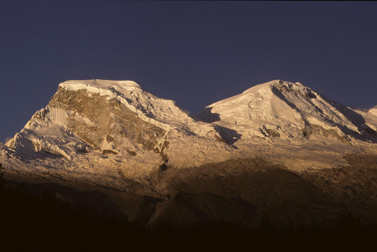 Late light on the glaciated face of Huascarán, the high point of the Cordillera Blanca.