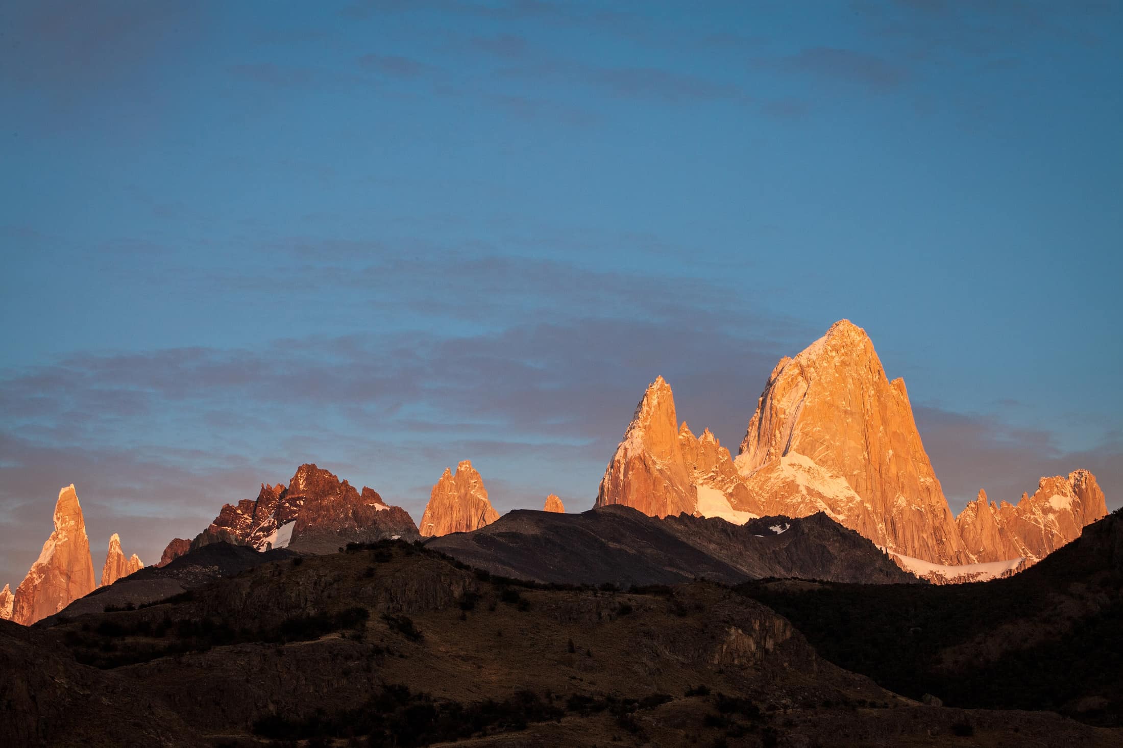 First light on the Fitz Roy massif above El Chaltén.