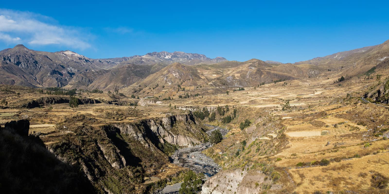 Terraced walls of the Colca valley dropping toward the river.