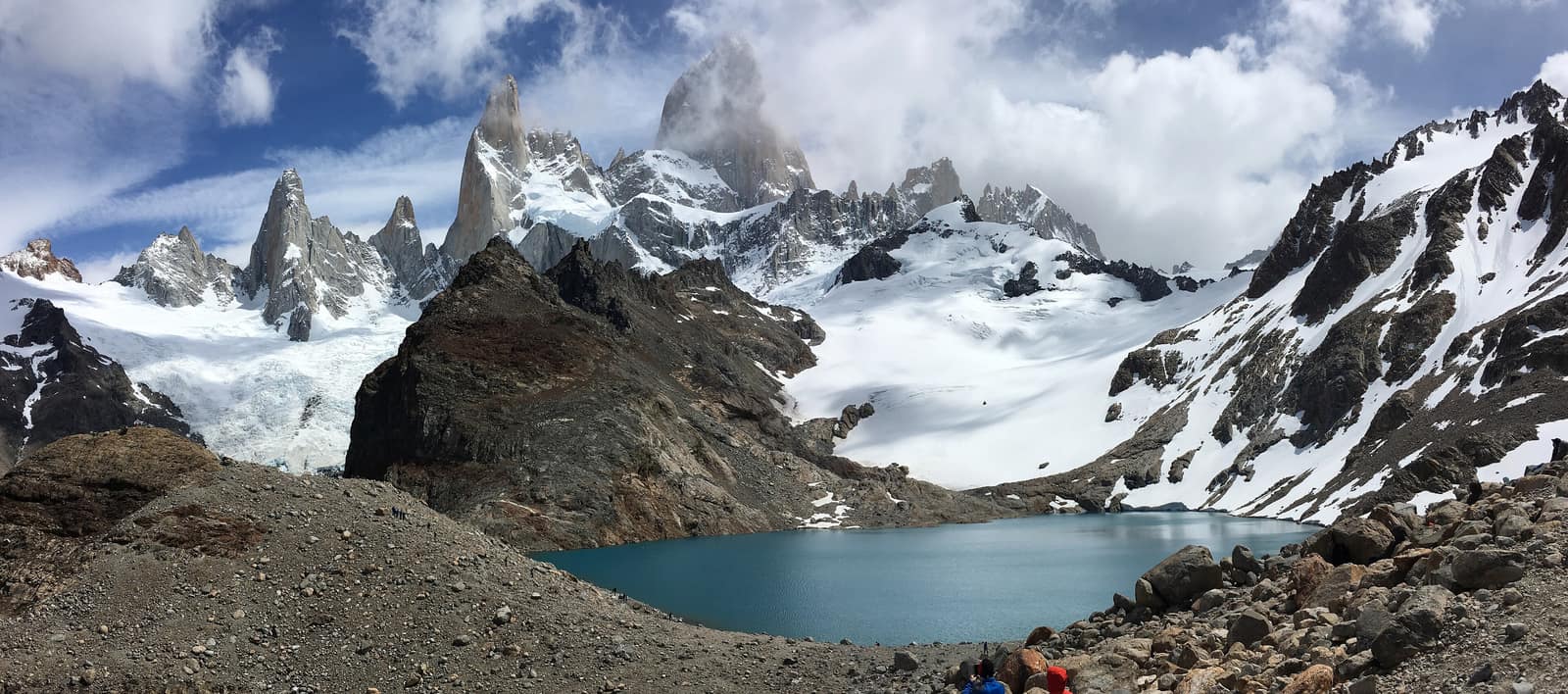 The Fitz Roy massif with cloud tearing off the summits.