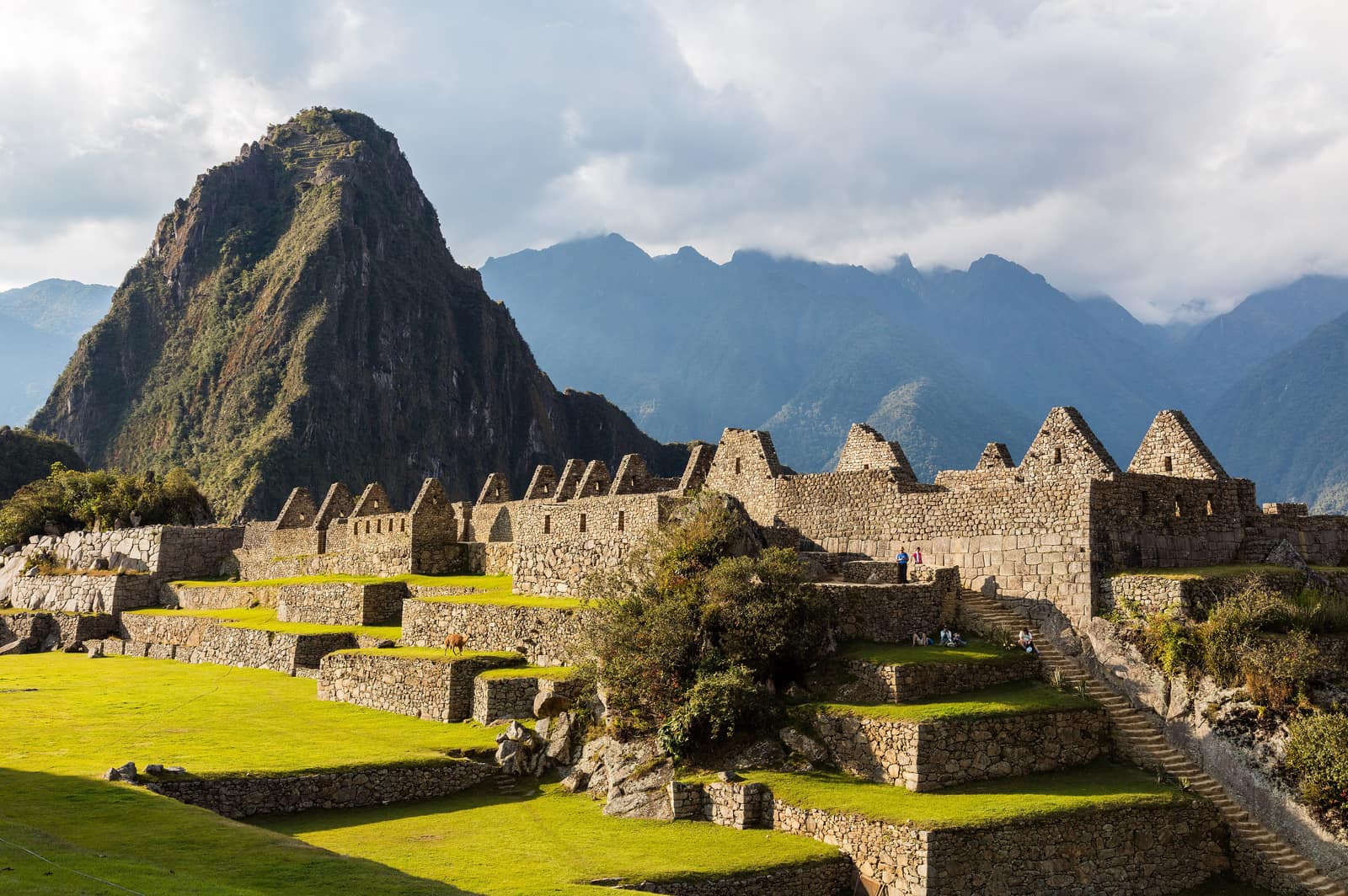 Machu Picchu on its ridge with Huayna Picchu behind.