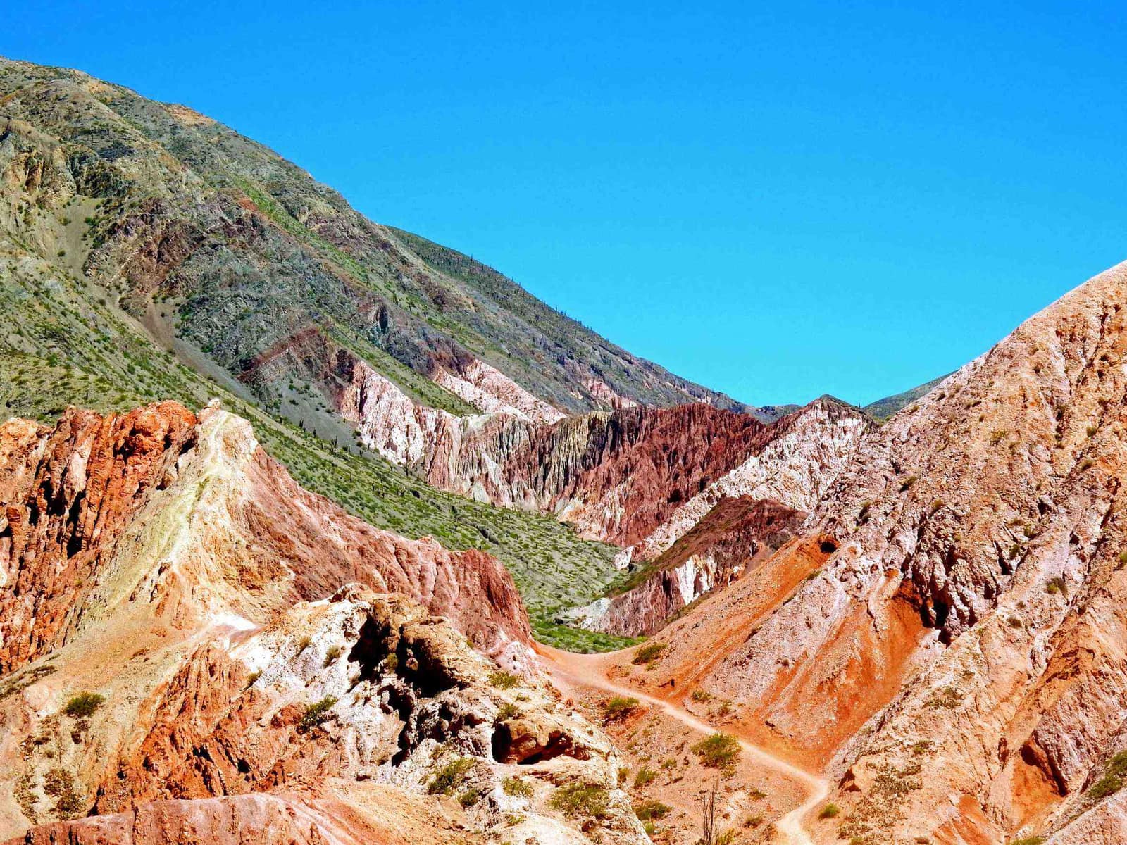 Banded red and ochre rock above Purmamarca in the Quebrada de Humahuaca.