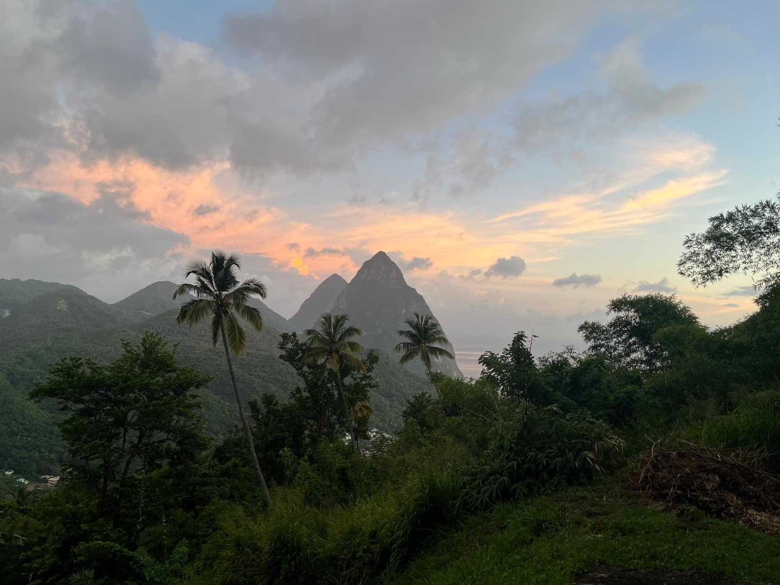 The two Pitons rising straight out of the sea at Soufrière.